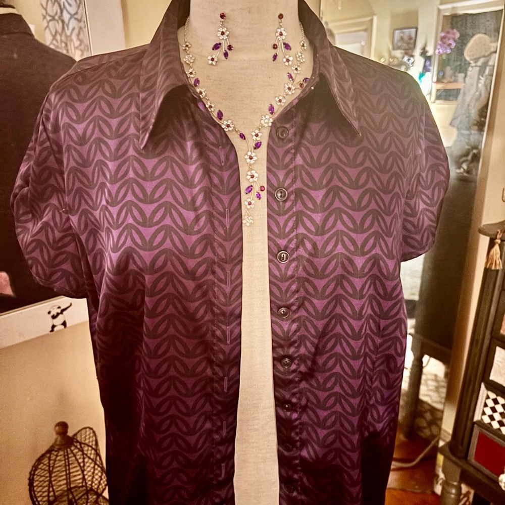 Dressbarn Purple Short Sleeve Notched Collar Shirt